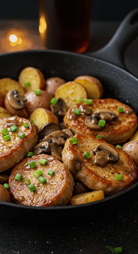 A beautiful, rustic cast-iron skillet of homemade, savory Skillet Pork and Potatoes in a rich mushroom gravy.