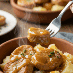 A cozy bowl of homemade Skillet Pork and Potatoes with a rich mushroom gravy, being served for a family dinner.