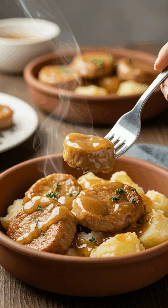 A cozy bowl of homemade Skillet Pork and Potatoes with a rich mushroom gravy, being served for a family dinner.
