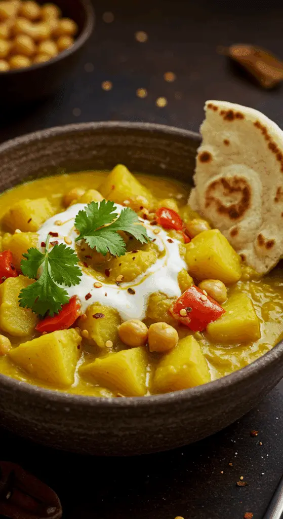 A beautiful, rustic bowl of homemade, creamy, and golden-yellow Vegan Potato and Chickpea Curry, garnished with a swirl of coconut cream and fresh cilantro.
