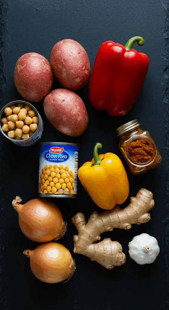 The simple, from-scratch ingredients for the classic, easy, and creamy Vegan Potato and Chickpea Curry.