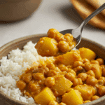 A cozy bowl of homemade, creamy Potato and Chickpea Curry being served over rice for a casual family dinner.