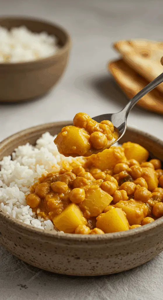 A cozy bowl of homemade, creamy Potato and Chickpea Curry being served over rice for a casual family dinner.
