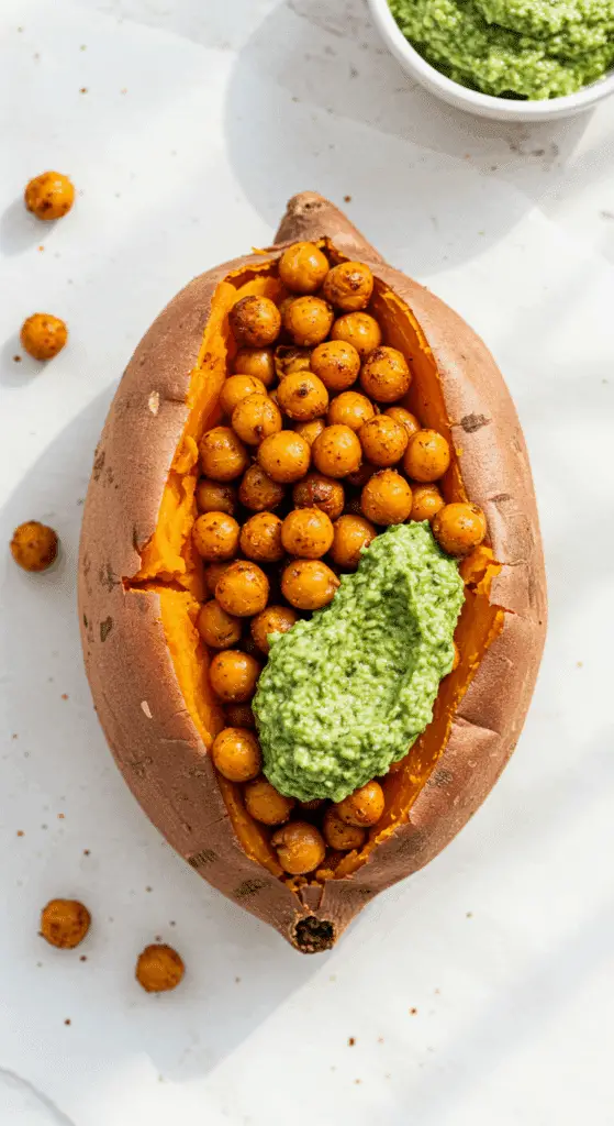 A beautiful, overhead shot of a homemade, healthy Stuffed Sweet Potato, loaded with crispy roasted chickpeas and a large dollop of a vibrant, green broccoli pesto.