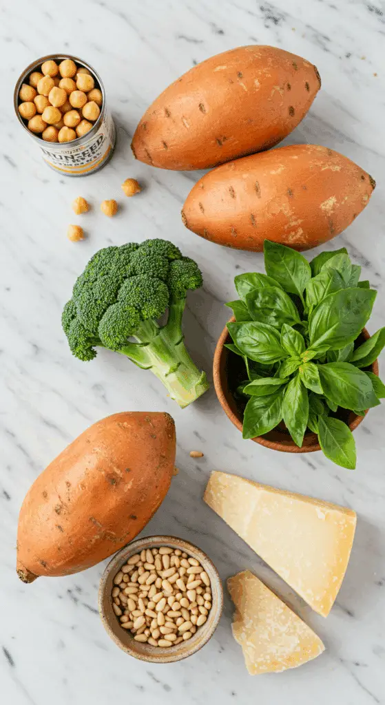 The simple, fresh ingredients for the healthy, from-scratch Stuffed Sweet Potatoes with Crispy Chickpeas and Broccoli Pesto.