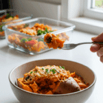 A beautiful bowl of a homemade, healthy Stuffed Sweet Potato with crispy chickpeas and broccoli pesto, being enjoyed with a fork for a vibrant and healthy lunch.