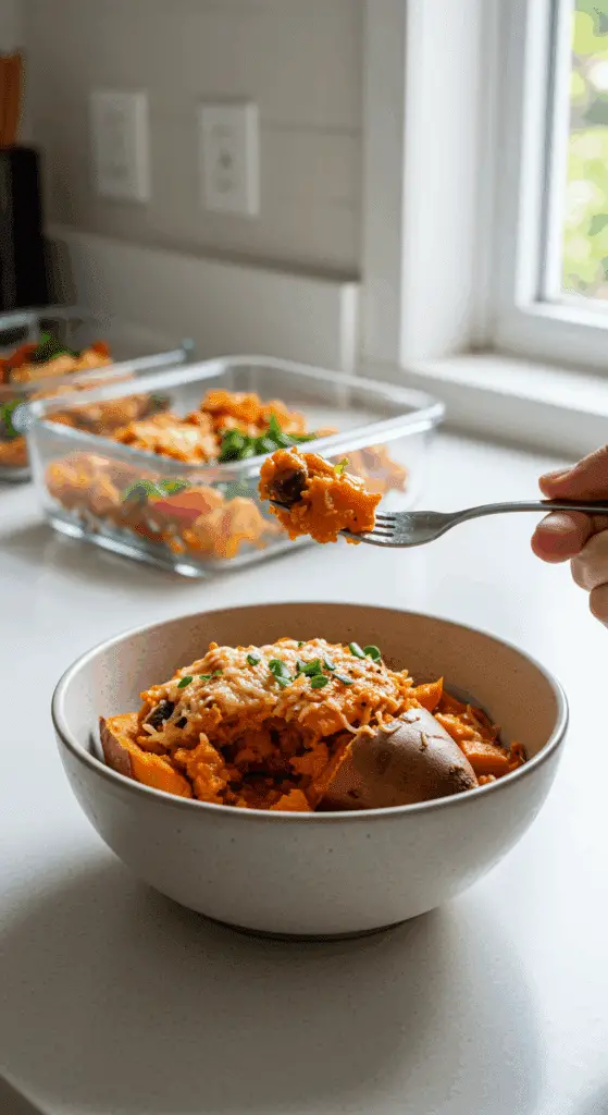 A beautiful bowl of a homemade, healthy Stuffed Sweet Potato with crispy chickpeas and broccoli pesto, being enjoyed with a fork for a vibrant and healthy lunch.