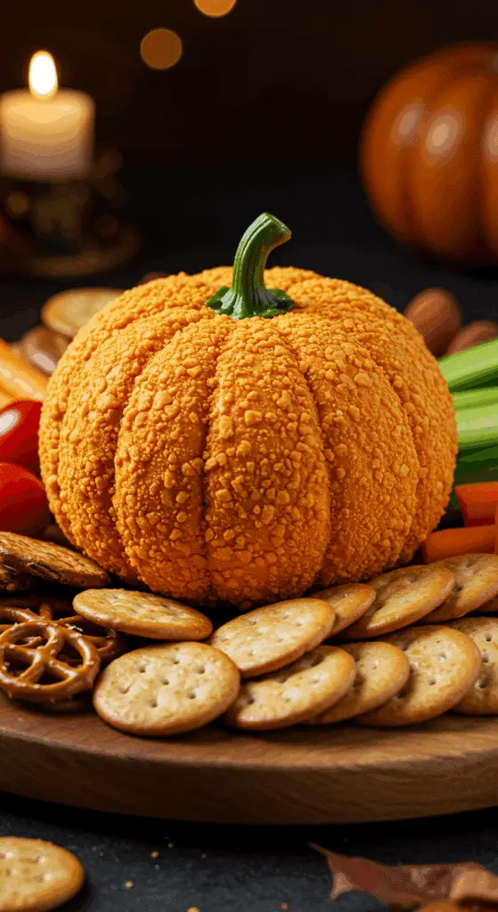 A beautiful, rustic platter with a homemade, cute, and orange Pumpkin Cheese Ball, coated in crushed cheese puffs and with a real bell pepper stem.