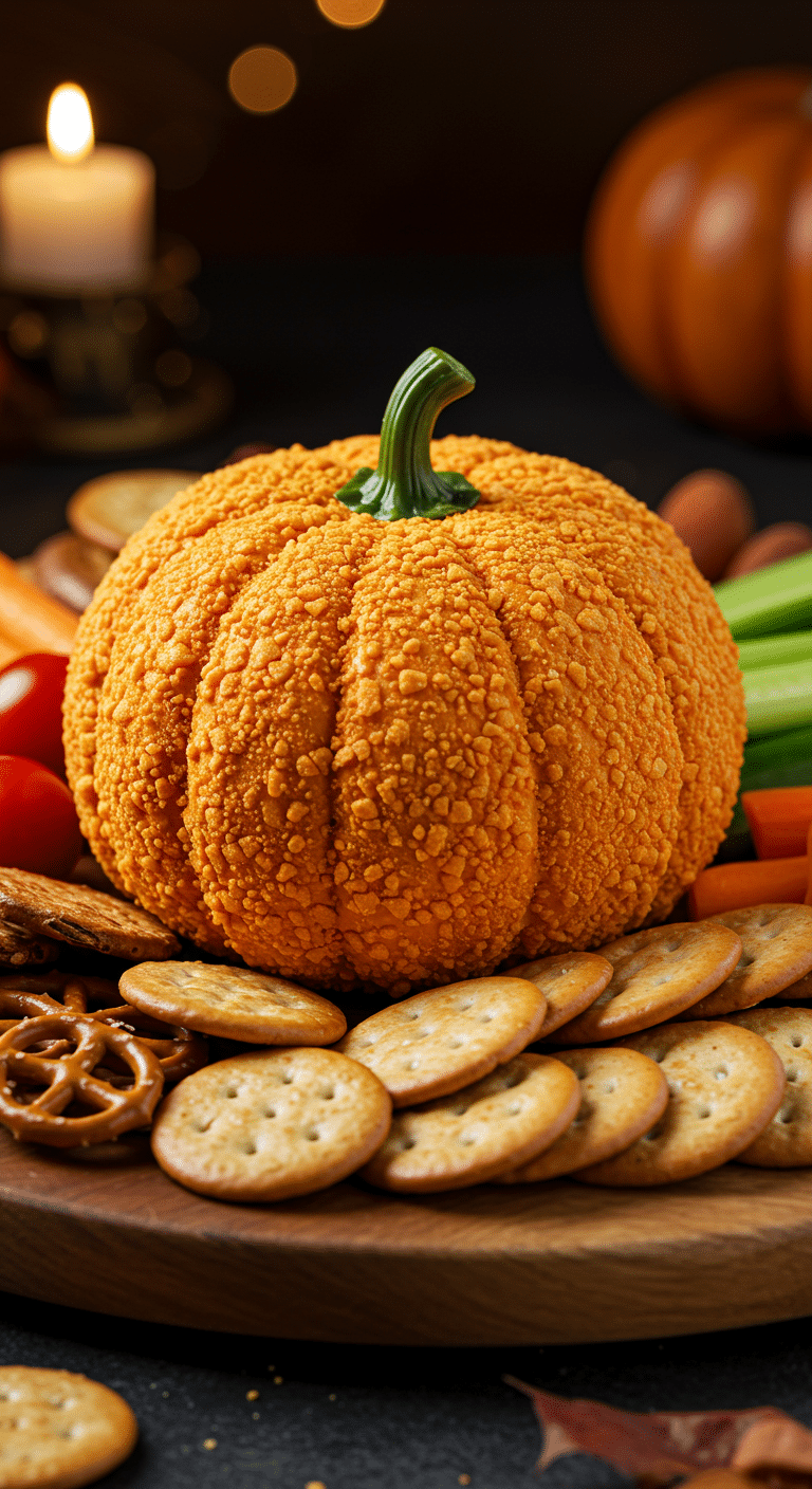 A beautiful, rustic platter with a homemade, cute, and orange Pumpkin Cheese Ball, coated in crushed cheese puffs and with a real bell pepper stem.