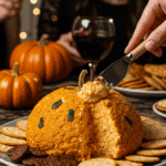 The finished, cute, and orange Pumpkin Cheese Ball being served as the centerpiece of a fun and casual Halloween party.