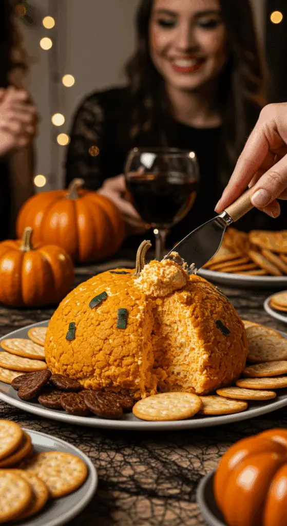The finished, cute, and orange Pumpkin Cheese Ball being served as the centerpiece of a fun and casual Halloween party.