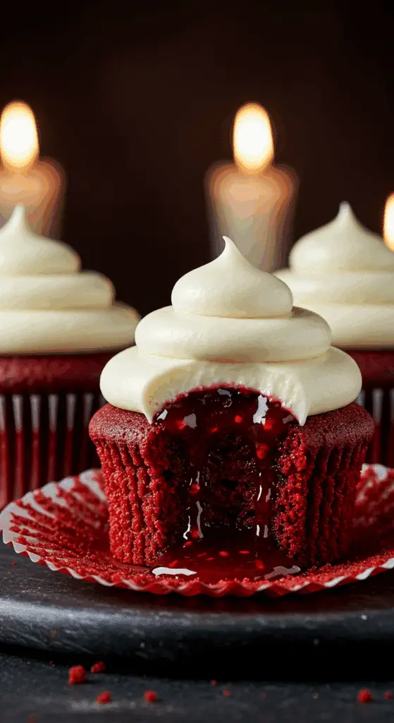 A beautiful, rustic platter of homemade, spooky Red Velvet Vampire Cupcakes, with "bloody" raspberry jam oozing from two vampire bite marks in the white frosting.