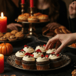 A large platter of homemade, spooky, and elegant Red Velvet Vampire Cupcakes being served at a fun and sophisticated Halloween party.
