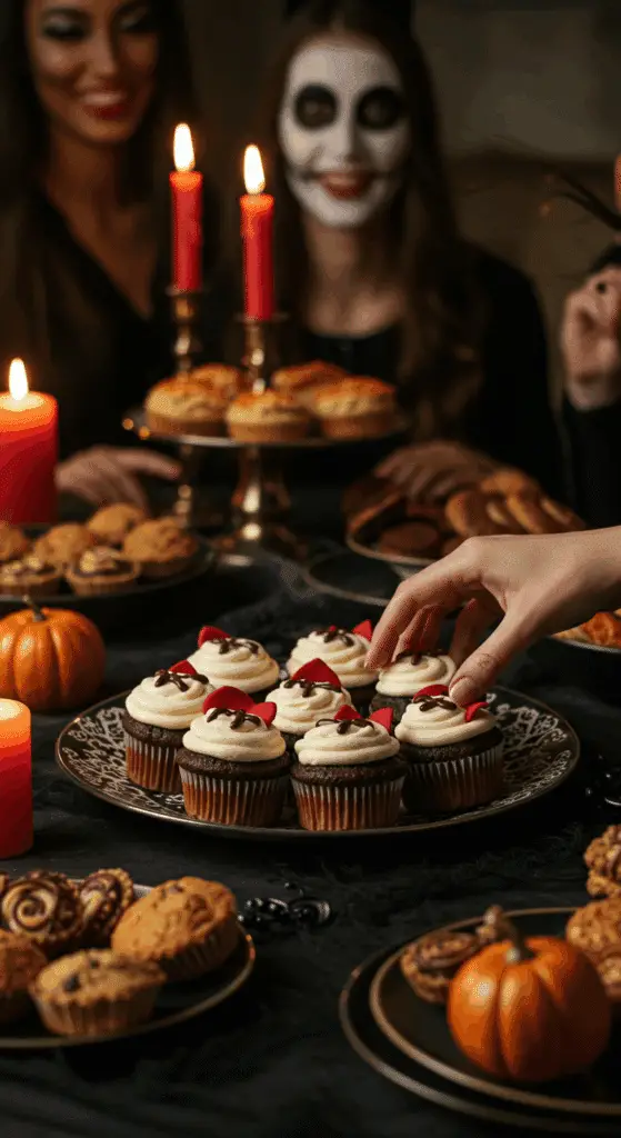 A large platter of homemade, spooky, and elegant Red Velvet Vampire Cupcakes being served at a fun and sophisticated Halloween party.