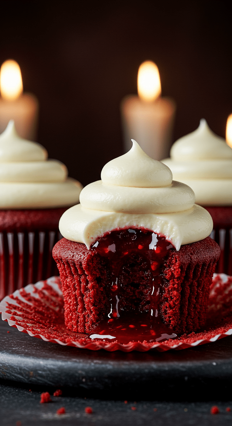 A beautiful, rustic platter of homemade, spooky Red Velvet Vampire Cupcakes, with "bloody" raspberry jam oozing from two vampire bite marks in the white frosting.