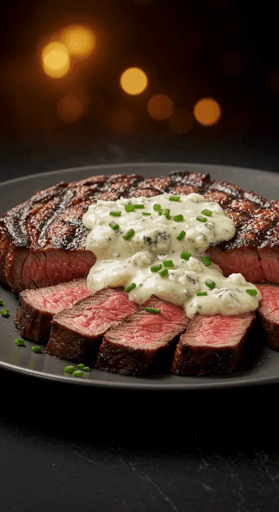 A beautiful, plated serving of homemade, juicy Grilled Ribeye steak, sliced and smothered in a creamy blue cheese sauce.