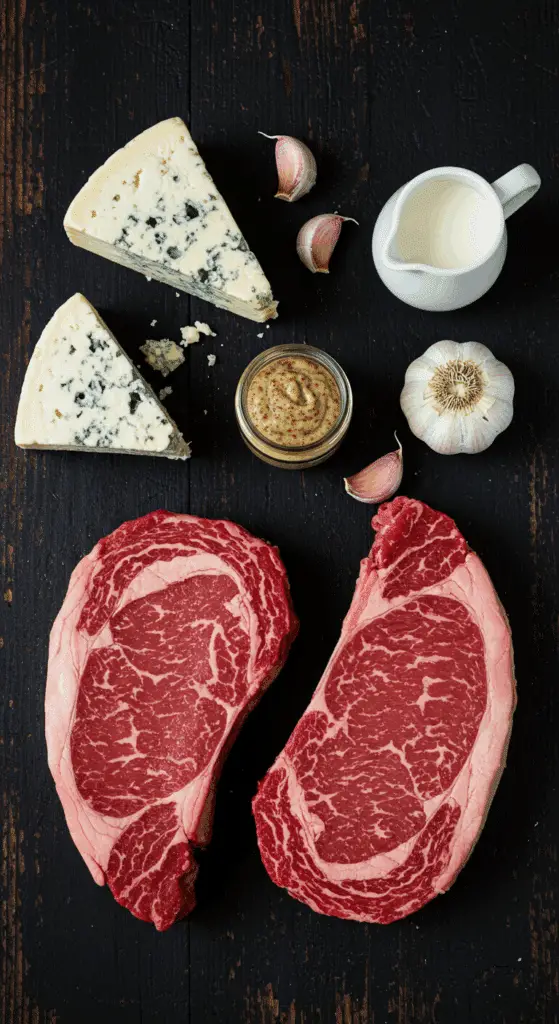 The simple, high-quality, from-scratch ingredients for the classic and elegant Grilled Ribeye with a Blue Cheese Sauce.