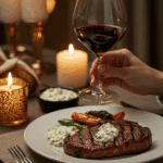 An elegant plate of homemade, restaurant-style Grilled Ribeye with Blue Cheese Sauce being served for a romantic, candlelit dinner.