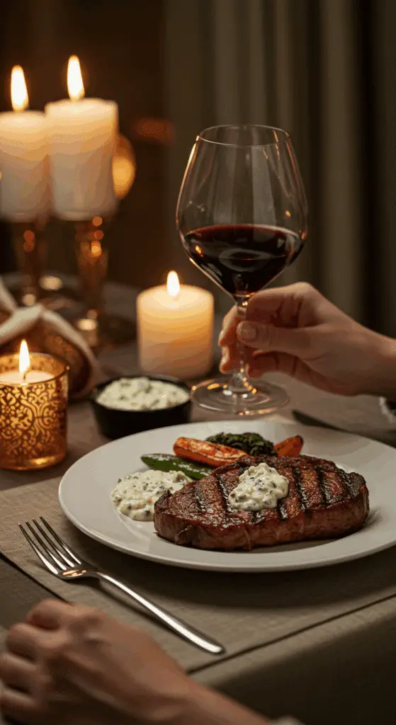 An elegant plate of homemade, restaurant-style Grilled Ribeye with Blue Cheese Sauce being served for a romantic, candlelit dinner.