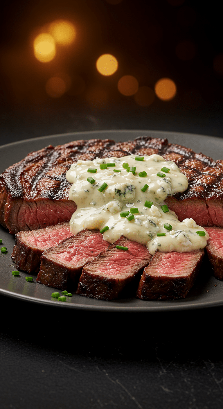 A beautiful, plated serving of homemade, juicy Grilled Ribeye steak, sliced and smothered in a creamy blue cheese sauce.