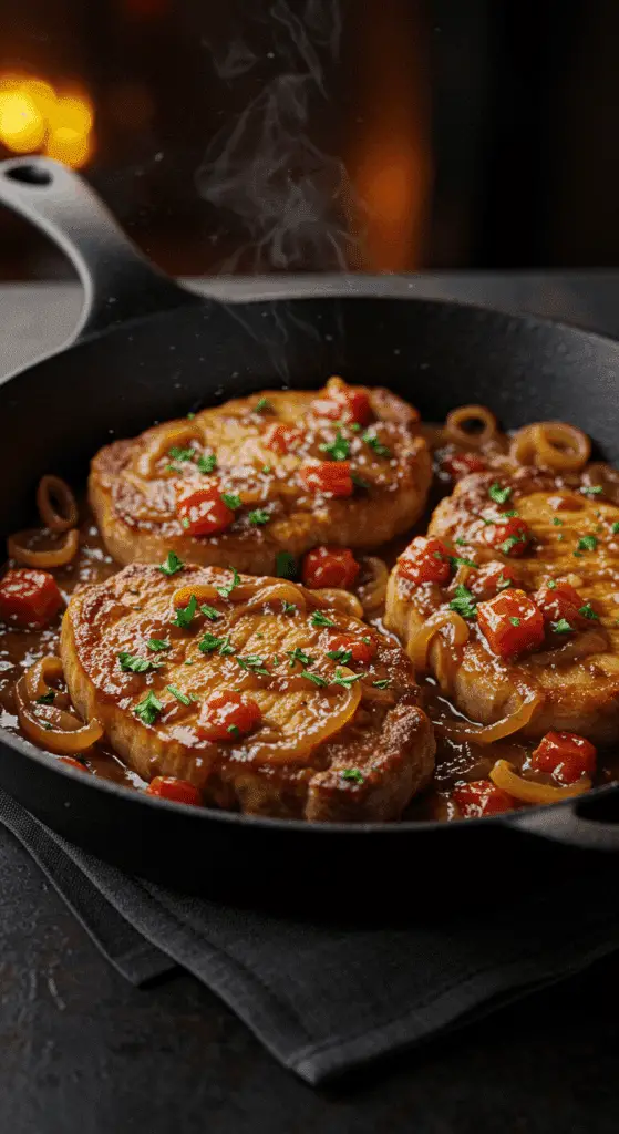 A beautiful, rustic cast-iron skillet of homemade, golden-brown Saucy Pork Chops smothered in a rich, brown gravy.