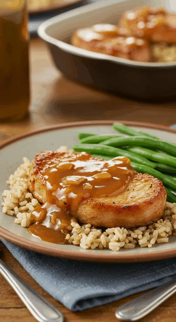 A classic dinner plate with a thick, saucy pork chop served over a bed of brown rice with a side of green beans.