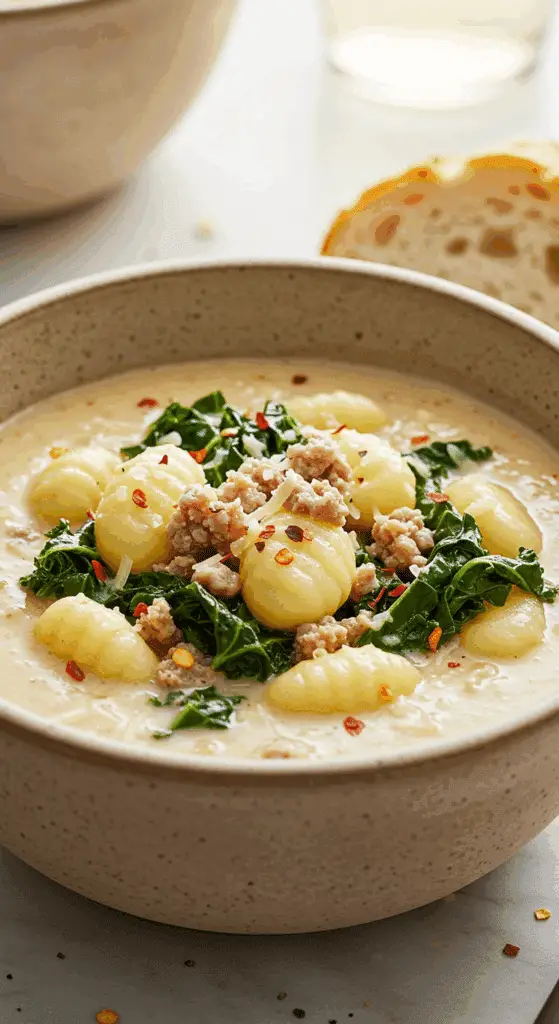 A beautiful, rustic bowl of homemade, creamy, one-pot Sausage and Kale Gnocchi Soup, with pillowy gnocchi and savory sausage.