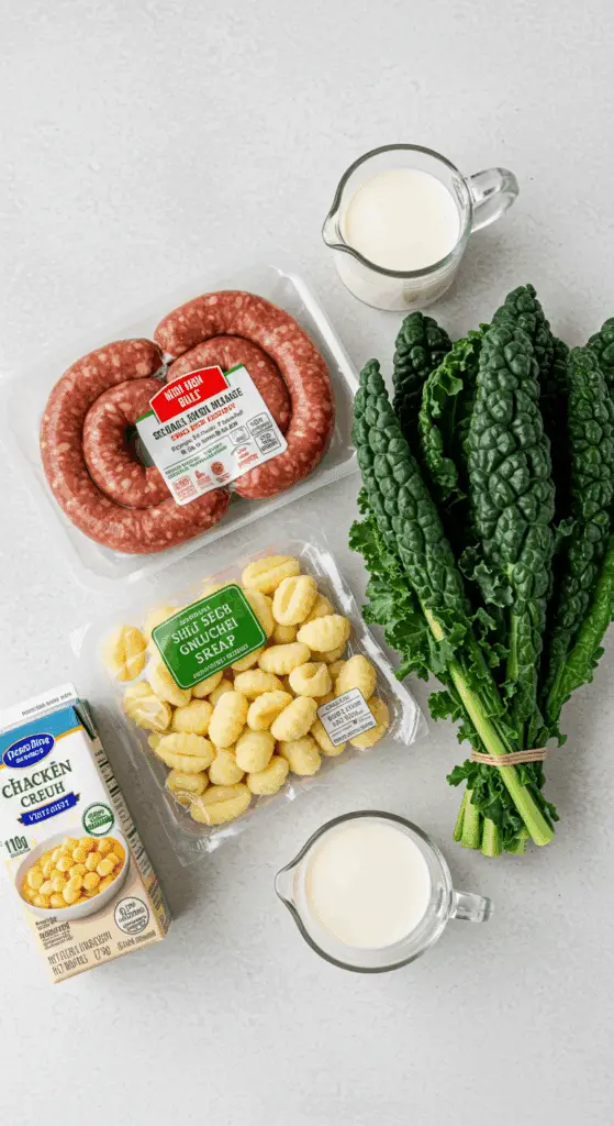 The simple, from-scratch ingredients for the classic and creamy Sausage and Kale Gnocchi Soup recipe.