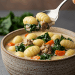 A cozy bowl of homemade, creamy Sausage and Kale Gnocchi Soup being served for a casual family dinner.