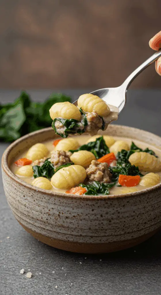 A cozy bowl of homemade, creamy Sausage and Kale Gnocchi Soup being served for a casual family dinner.