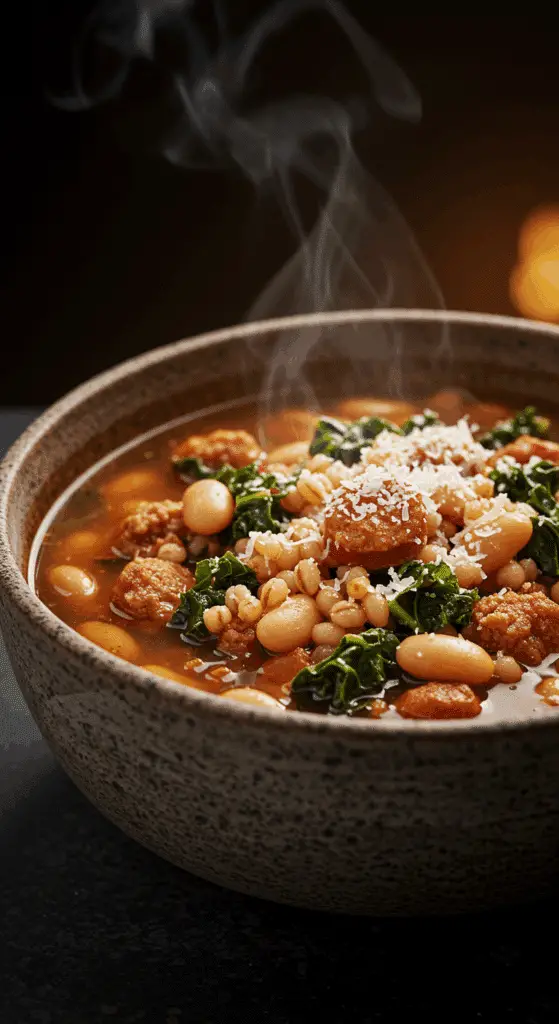 A beautiful, rustic bowl of homemade, hearty Sausage and White Bean Soup, packed with sausage, beans, barley, and kale.