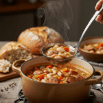 The finished pot of homemade, hearty Sausage and White Bean Soup being served at a cozy family dinner.