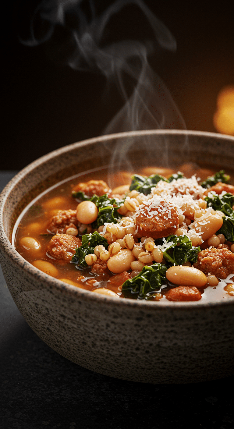 A beautiful, rustic bowl of homemade, hearty Sausage and White Bean Soup, packed with sausage, beans, barley, and kale.