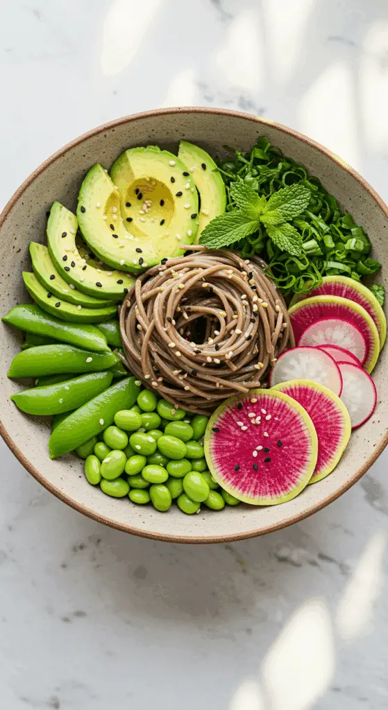 A beautiful, overhead shot of a homemade, healthy, and composed Sesame Soba Noodle Salad, with all the ingredients arranged artfully in a bowl.
