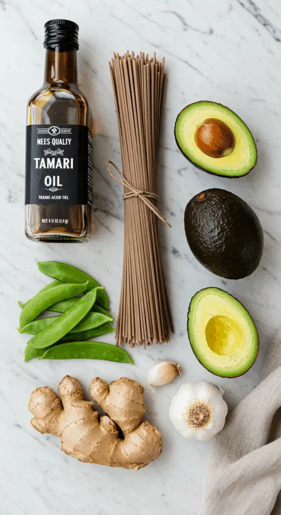 The simple, fresh ingredients for the healthy, from-scratch Sesame Soba Noodle Salad recipe.