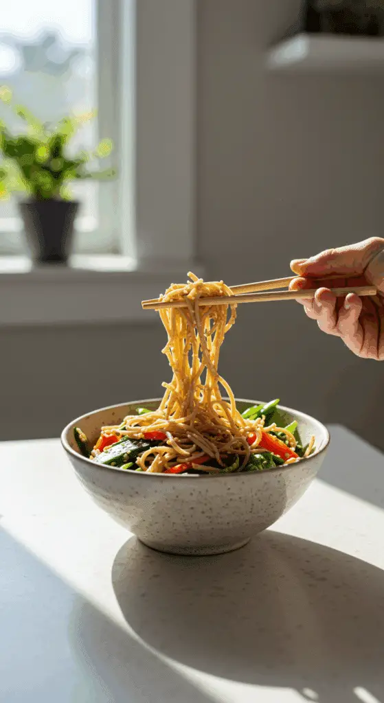 A beautiful bowl of homemade, healthy Soba Noodle Salad being enjoyed with chopsticks for a vibrant and healthy lunch.