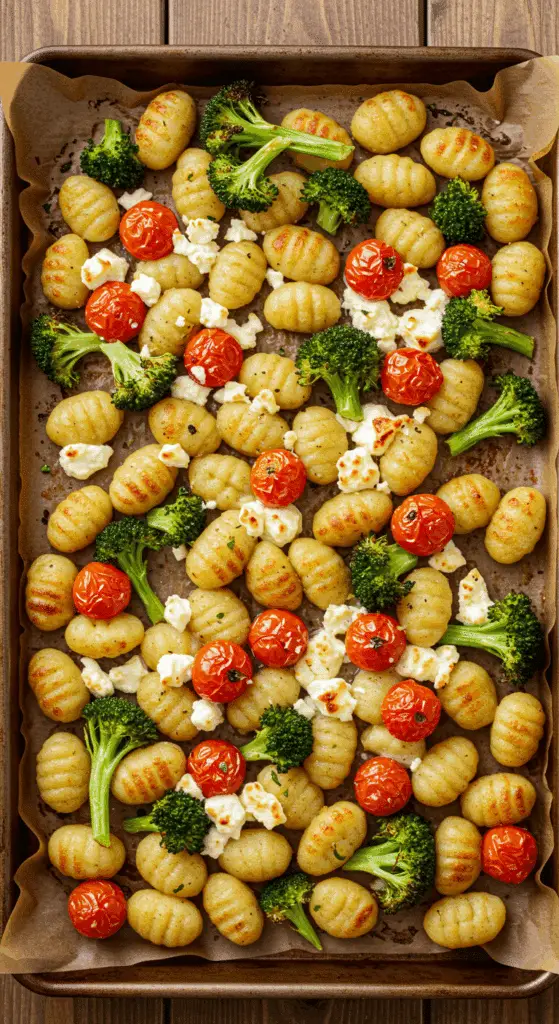 A beautiful, overhead shot of a homemade, crispy Sheet Pan Gnocchi with broccolini, cherry tomatoes, and baked feta.