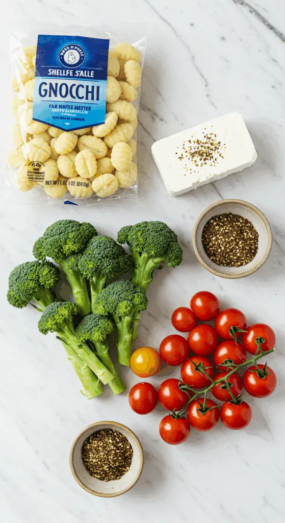 The simple, fresh ingredients for the easy and healthy Sheet Pan Gnocchi with Feta and Broccolini.