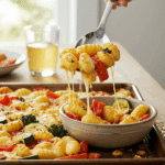 The finished sheet pan of homemade, crispy Gnocchi with Feta and Vegetables being served at a casual family dinner.