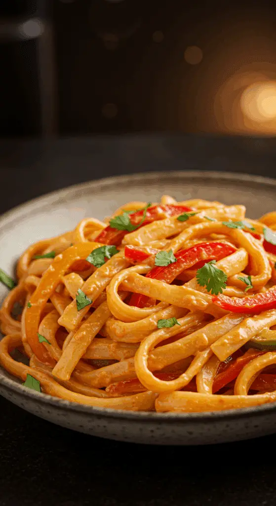 A beautiful, rustic bowl of homemade, creamy, and spicy Six Pepper Pasta, with a vibrant, colorful medley of peppers.