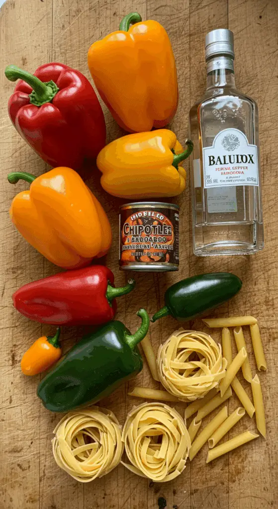 The fresh, colorful, and from-scratch ingredients for the vibrant and spicy Six Pepper Pasta recipe.
