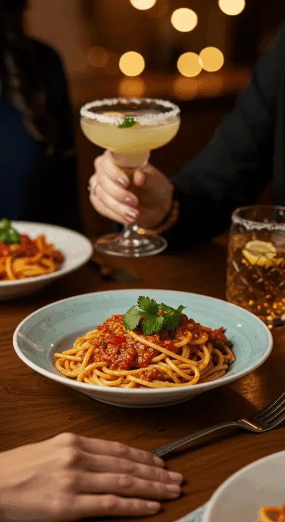 An elegant bowl of homemade, creamy, and spicy Six Pepper Pasta being served at a fun dinner party.