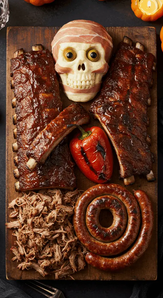 A beautiful, overhead shot of a homemade, spooky, and impressive Skeleton Meat Platter, with a prosciutto-wrapped cheese ball skull, rib cage, and a sausage intestine.