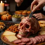 The finished, impressive, and spooky Skeleton Meat Platter being served as the centerpiece of a fun and sophisticated Halloween party.