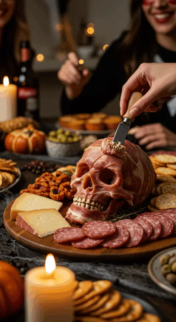 The finished, impressive, and spooky Skeleton Meat Platter being served as the centerpiece of a fun and sophisticated Halloween party.