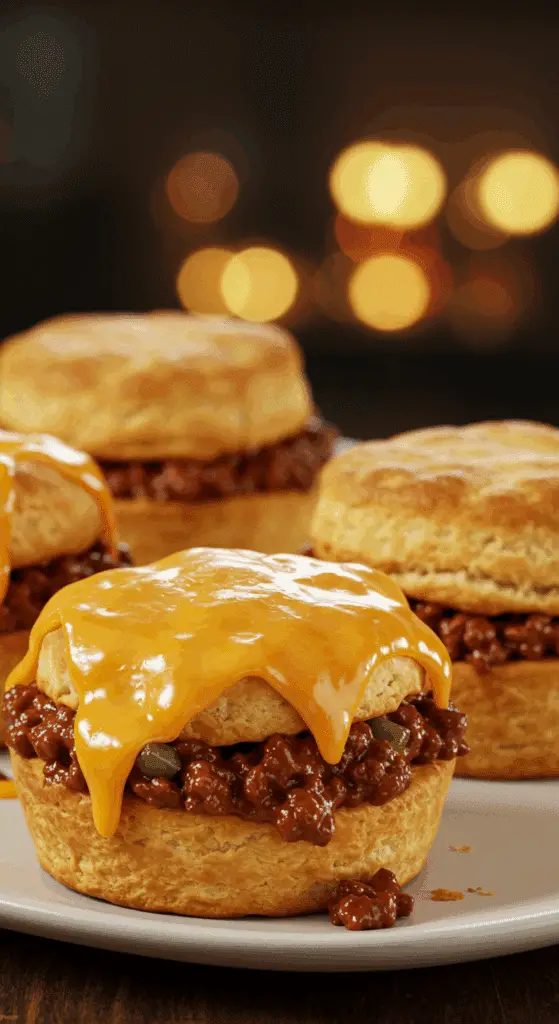 A beautiful, rustic platter of homemade, cheesy BBQ Sloppy Joe Biscuit Cups, with one cut to show the savory beef filling.