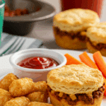 A fun, kid-friendly dinner plate with two homemade, cheesy Sloppy Joe Biscuit Cups, served with tater tots.