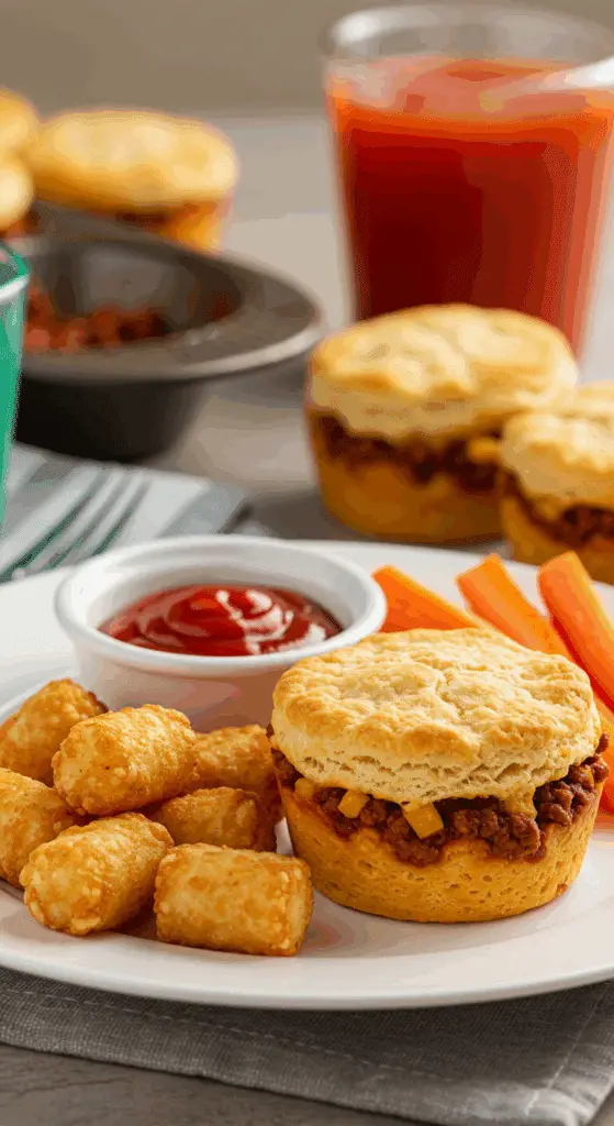 A fun, kid-friendly dinner plate with two homemade, cheesy Sloppy Joe Biscuit Cups, served with tater tots.