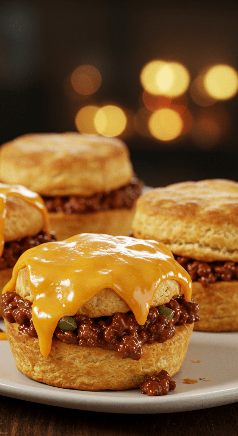 A beautiful, rustic platter of homemade, cheesy BBQ Sloppy Joe Biscuit Cups, with one cut to show the savory beef filling.