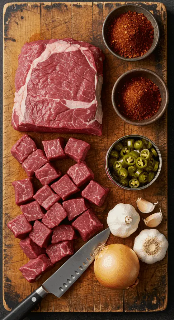 The simple, from-scratch ingredients for the classic, authentic Texas Chili con Carne recipe.